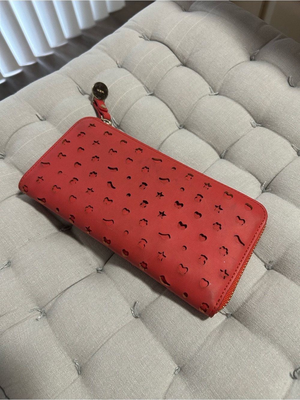 Tous Red Laser-Cut Zip Wallet with Gold Accent